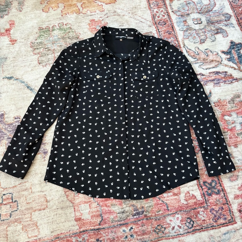 Karl Lagerfeld Blouse Profile Silhouette Pattern Black‎ White Size XL
